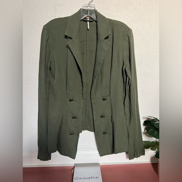 Free people cinched waist button detail olive army green linen blazer size xs - Picture 7 of 16